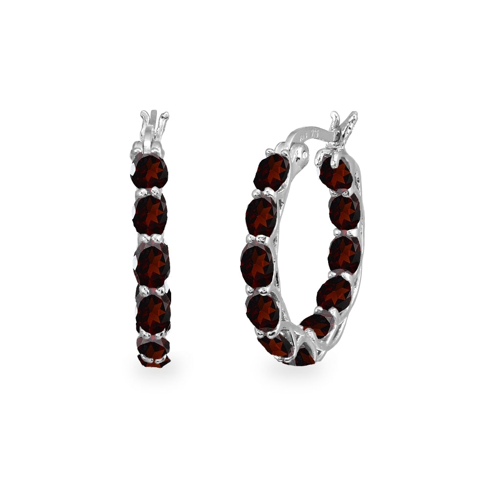 Sterling Silver Garnet Oval-cut Round 20mm Hoop Earrings