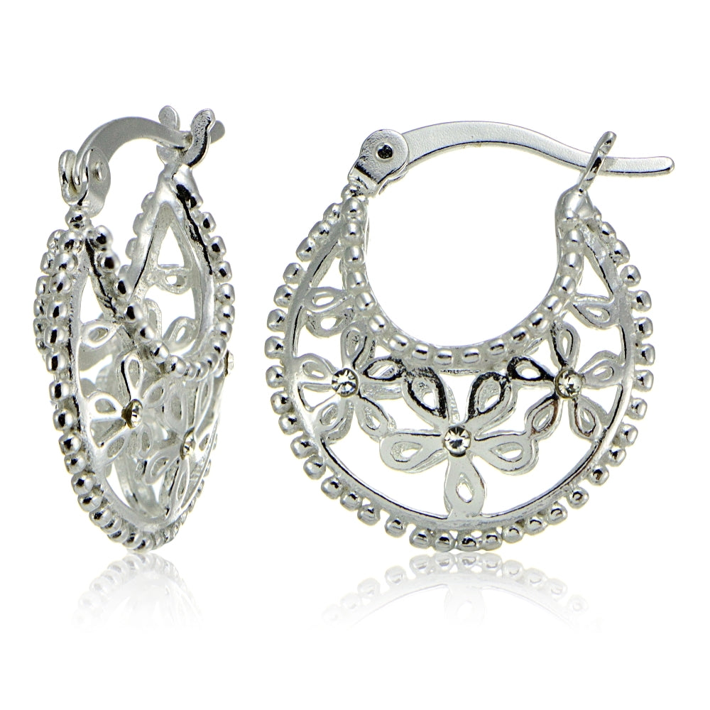 Sterling Silver Polished Filigree Flower Hoop Earrings with CZ Accents