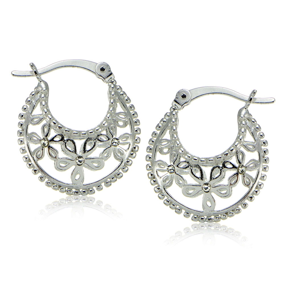 Sterling Silver Polished Filigree Flower Hoop Earrings with CZ Accents-2