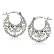 Sterling Silver Polished Filigree Flower Hoop Earrings with CZ Accents