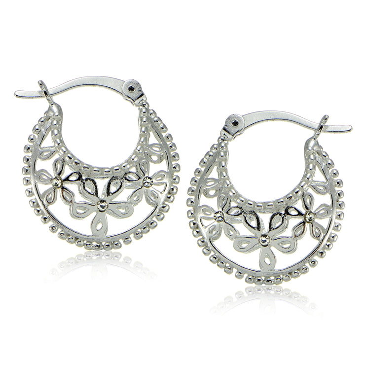 Sterling Silver Polished Filigree Flower Hoop Earrings with CZ Accents