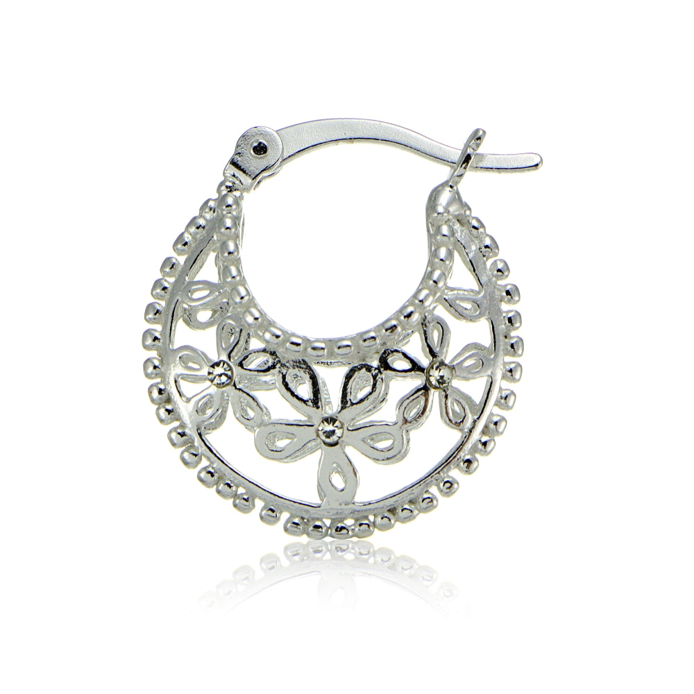 Sterling Silver Polished Filigree Flower Hoop Earrings with CZ Accents-3