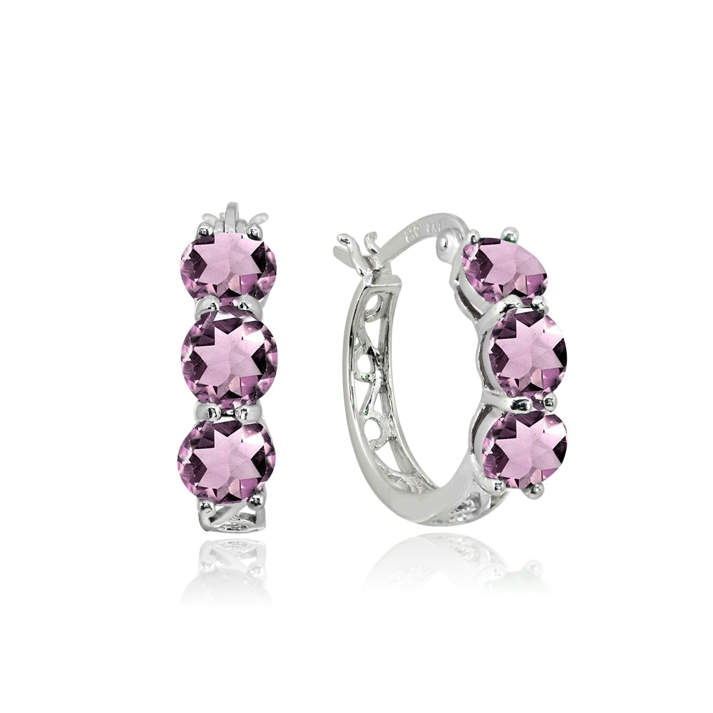 Sterling Silver Created Alexandrite Round Filigree Three Stone Hoop Earrings