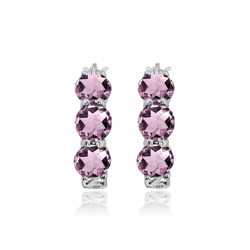 Sterling Silver Created Alexandrite Round Filigree Three Stone Hoop Earrings-2