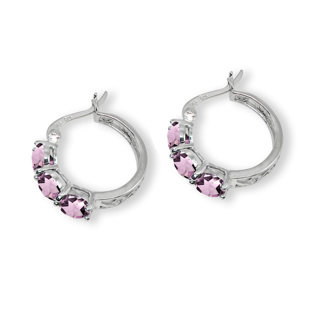 Sterling Silver Created Alexandrite Round Filigree Three Stone Hoop Earrings-3