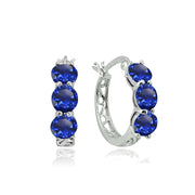 Sterling Silver Created Blue Sapphire Round Filigree Three Stone Hoop Earrings