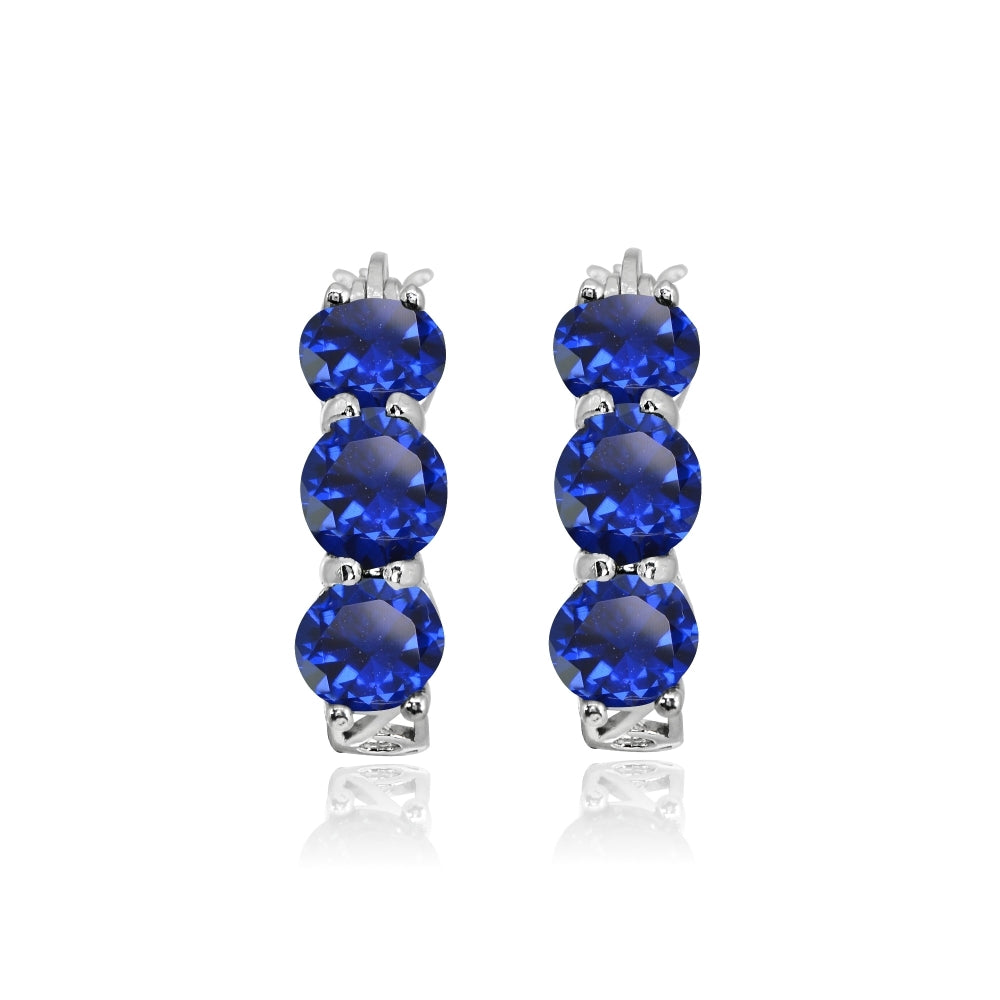 Sterling Silver Created Blue Sapphire Round Filigree Three Stone Hoop Earrings-2