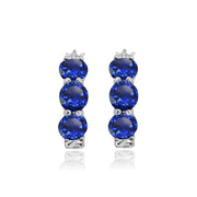 Sterling Silver Created Blue Sapphire Round Filigree Three Stone Hoop Earrings