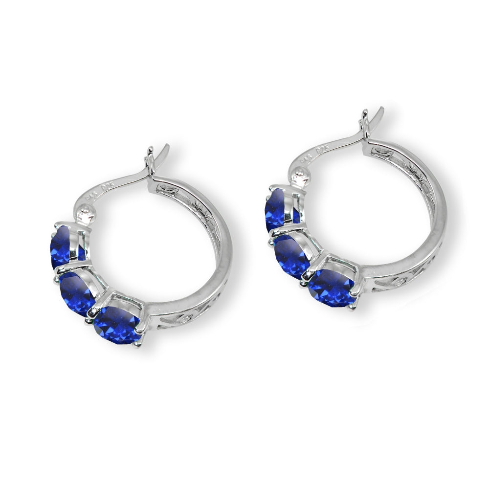 Sterling Silver Created Blue Sapphire Round Filigree Three Stone Hoop Earrings-3