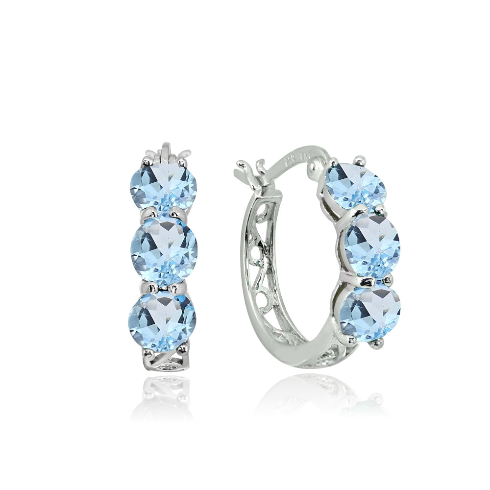 Sterling Silver Blue Topaz Round Filigree Three Stone Hoop Earrings