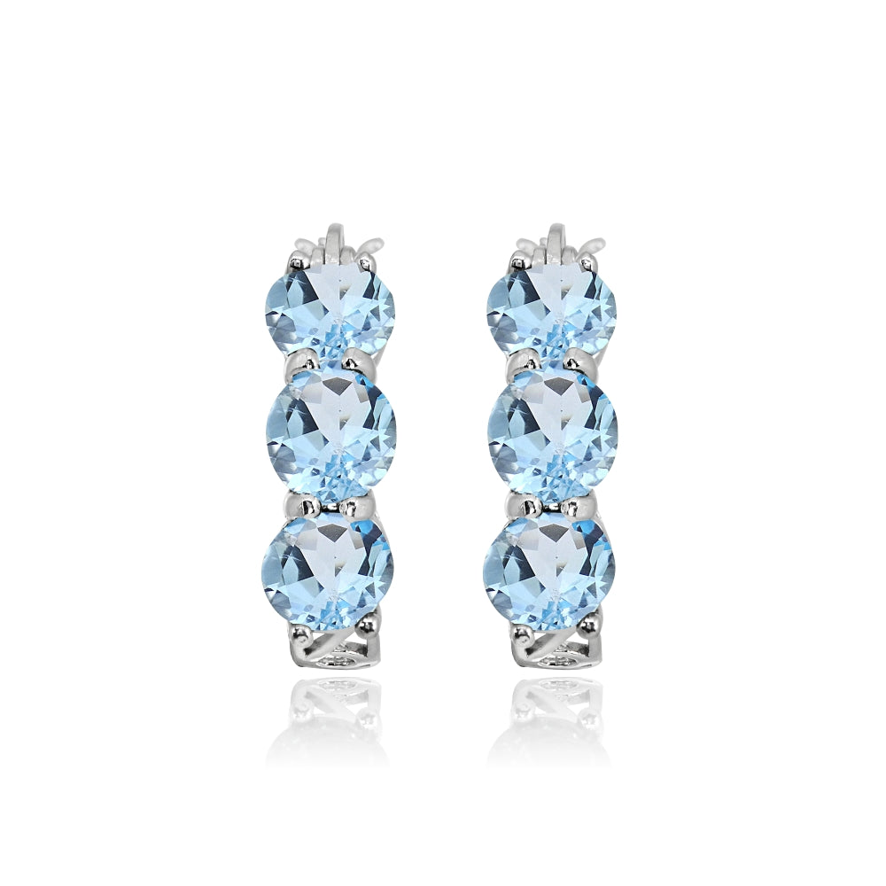 Sterling Silver Blue Topaz Round Filigree Three Stone Hoop Earrings-2