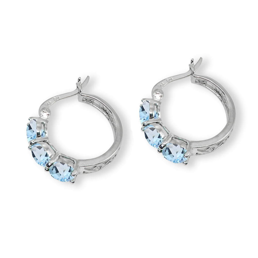 Sterling Silver Blue Topaz Round Filigree Three Stone Hoop Earrings-3