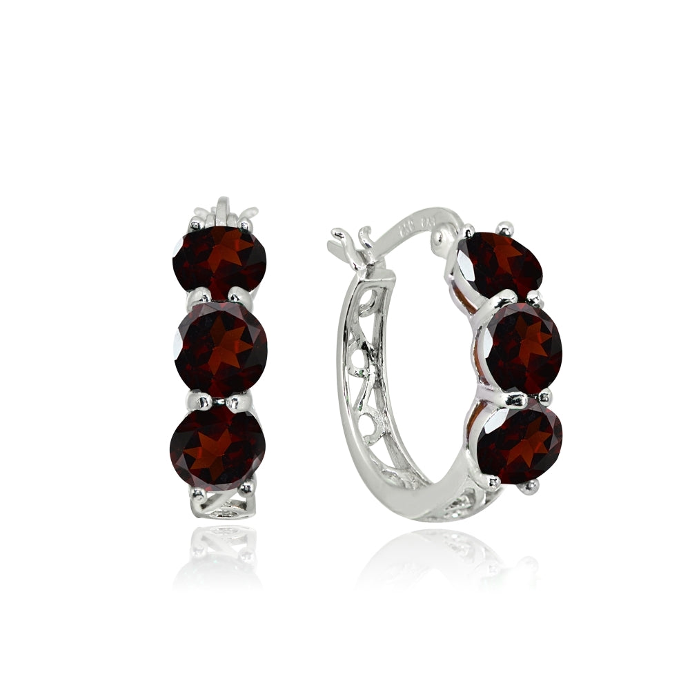Sterling Silver Garnet Round Filigree Three Stone Hoop Earrings