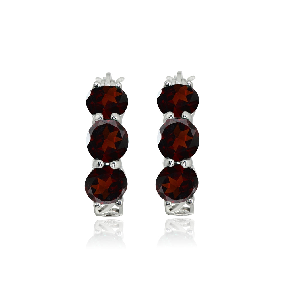 Sterling Silver Garnet Round Filigree Three Stone Hoop Earrings-2