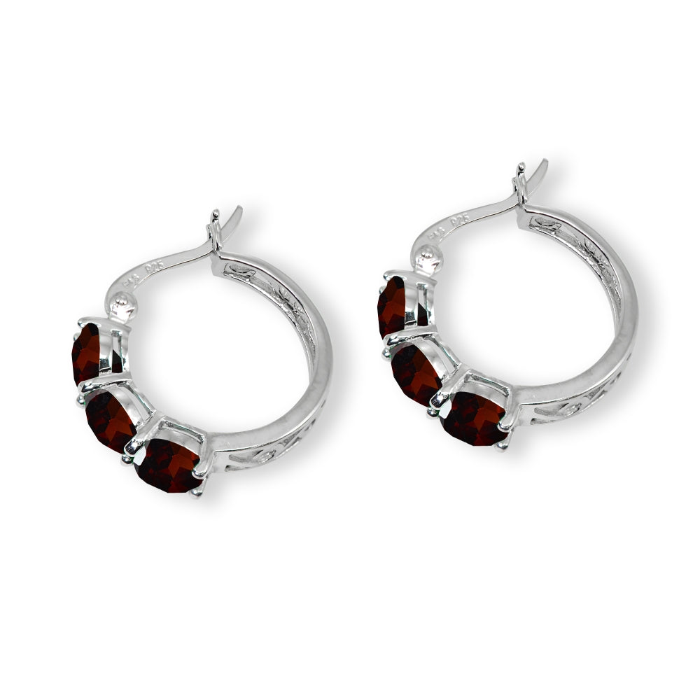 Sterling Silver Garnet Round Filigree Three Stone Hoop Earrings-3