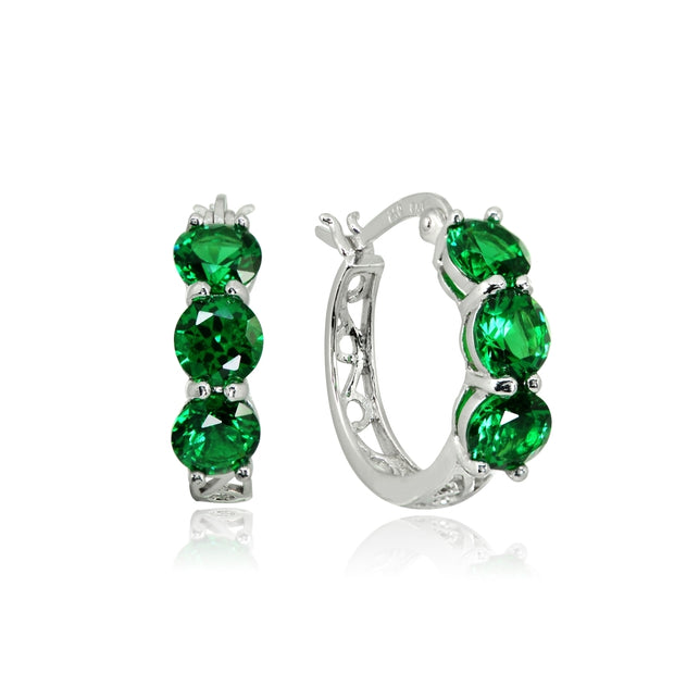 Sterling Silver Simulated Emerald Round Filigree Three Stone Hoop Earrings