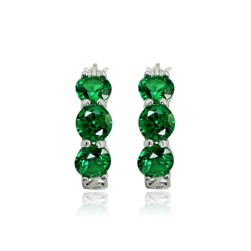 Sterling Silver Simulated Emerald Round Filigree Three Stone Hoop Earrings-2