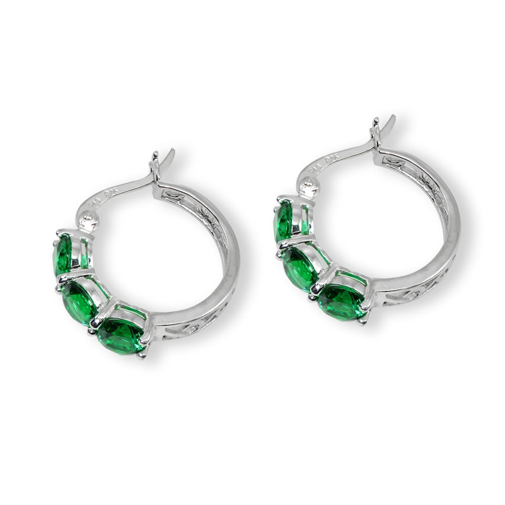 Sterling Silver Simulated Emerald Round Filigree Three Stone Hoop Earrings-3