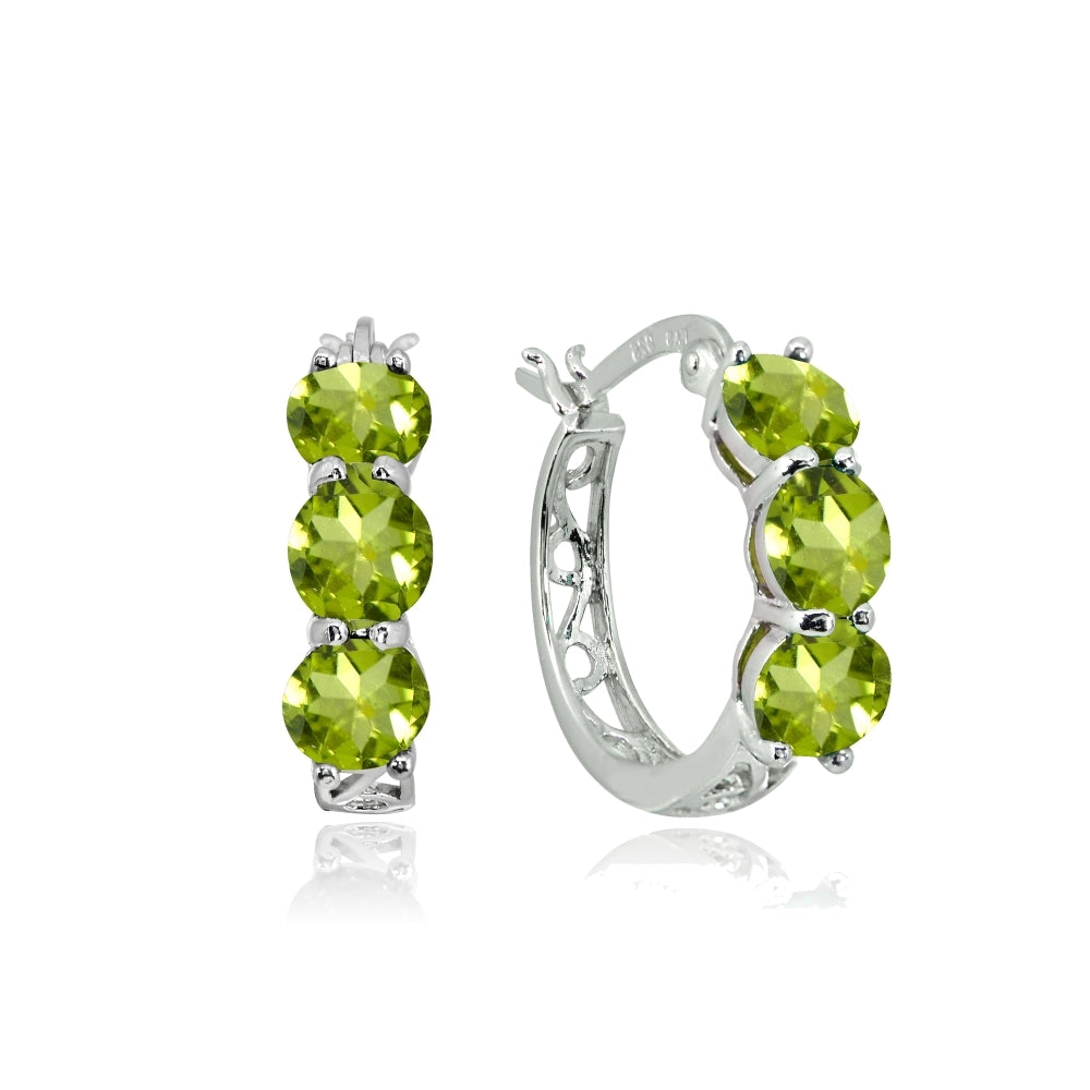 Sterling Silver Peridot Round Filigree Three Stone Hoop Earrings