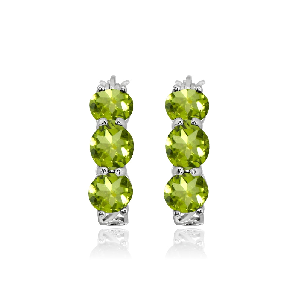 Sterling Silver Peridot Round Filigree Three Stone Hoop Earrings-2