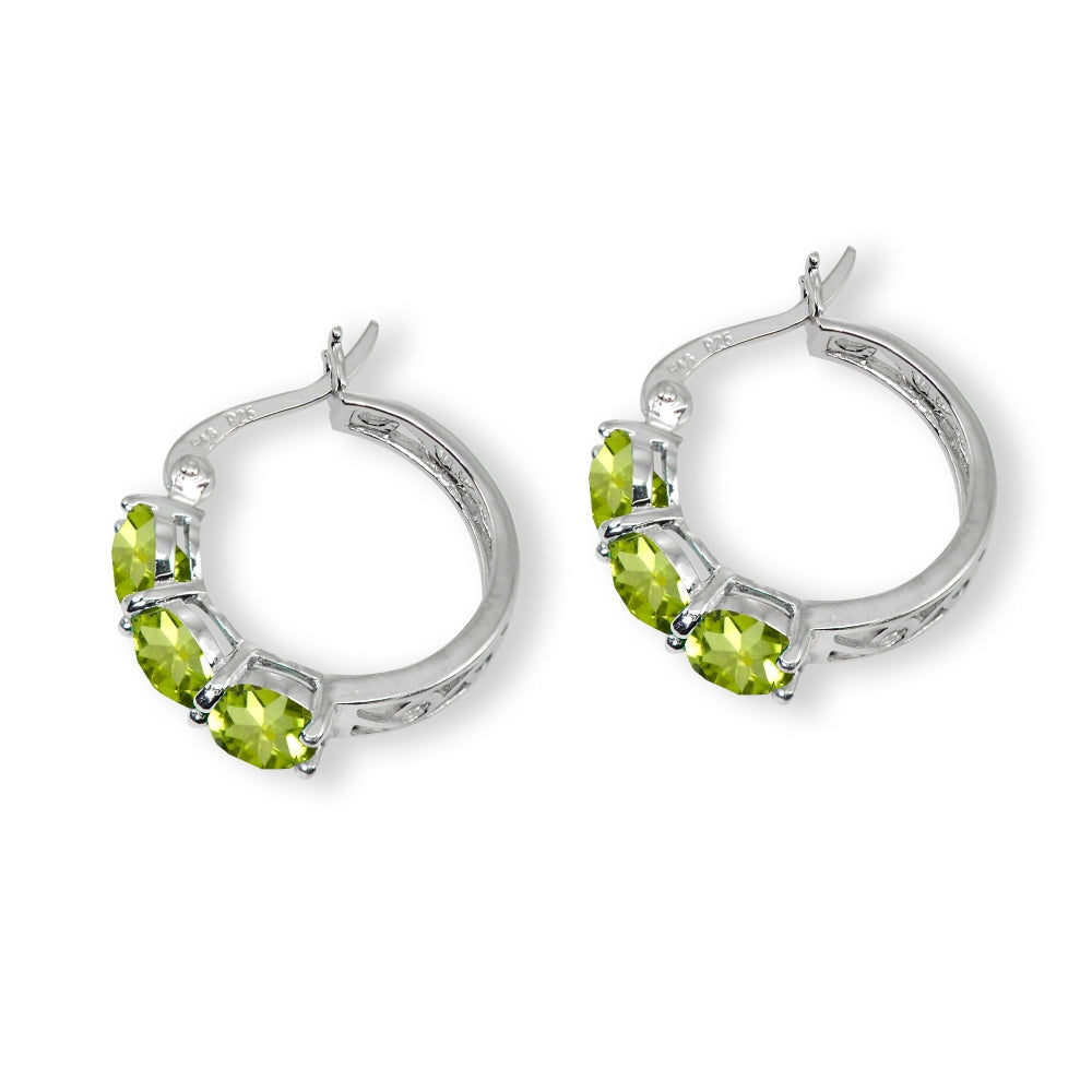 Sterling Silver Peridot Round Filigree Three Stone Hoop Earrings-3