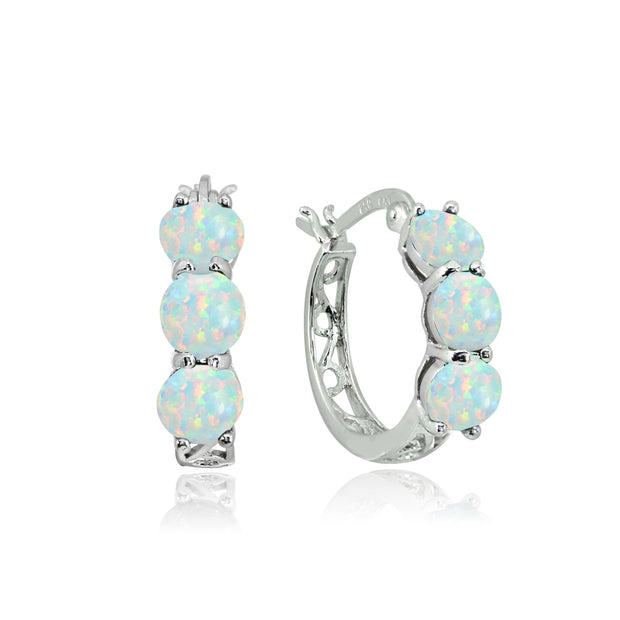 Sterling Silver Created White Opal Round Filigree Three Stone Hoop Earrings