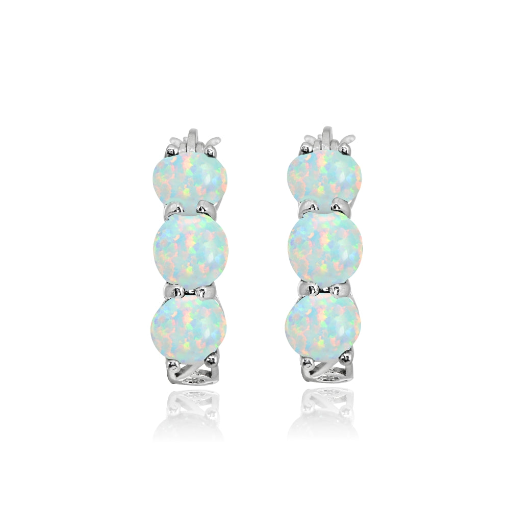 Sterling Silver Created White Opal Round Filigree Three Stone Hoop Earrings-2