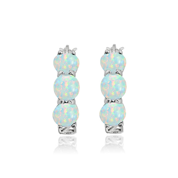 Sterling Silver Created White Opal Round Filigree Three Stone Hoop Earrings