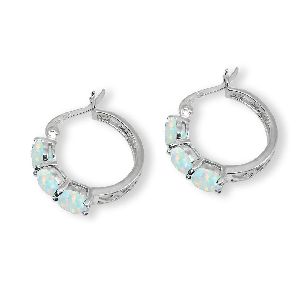 Sterling Silver Created White Opal Round Filigree Three Stone Hoop Earrings-3