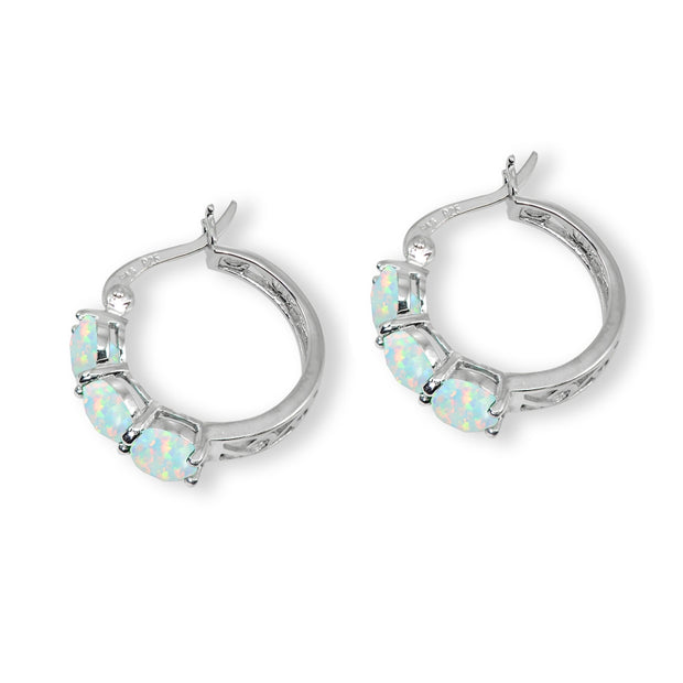 Sterling Silver Created White Opal Round Filigree Three Stone Hoop Earrings