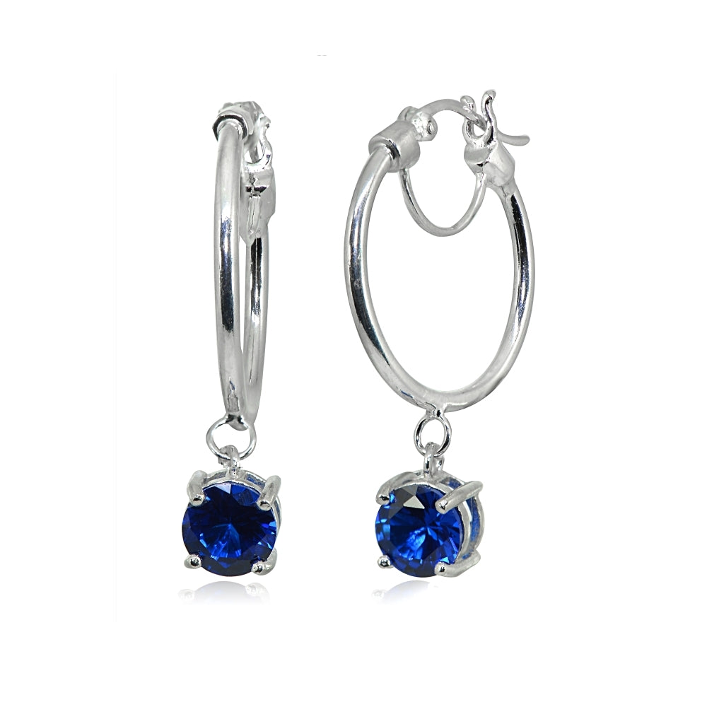 Sterling Silver Round Hoop Earrings with Dangling Created Blue Sapphire Gemstones