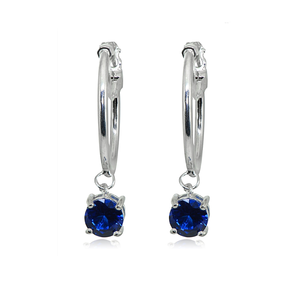 Sterling Silver Round Hoop Earrings with Dangling Created Blue Sapphire Gemstones-2