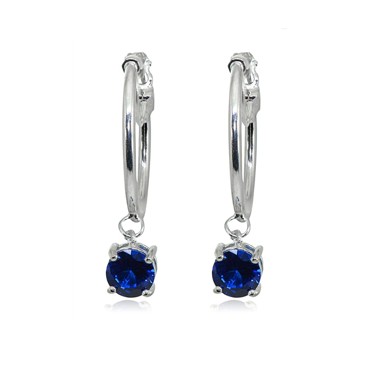 Sterling Silver Round Hoop Earrings with Dangling Created Blue Sapphire Gemstones