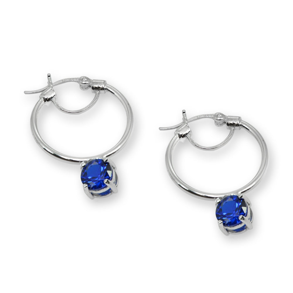 Sterling Silver Round Hoop Earrings with Dangling Created Blue Sapphire Gemstones-3