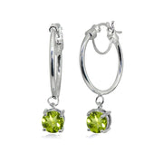 Sterling Silver Round Hoop Earrings with Dangling Peridot Gemstones