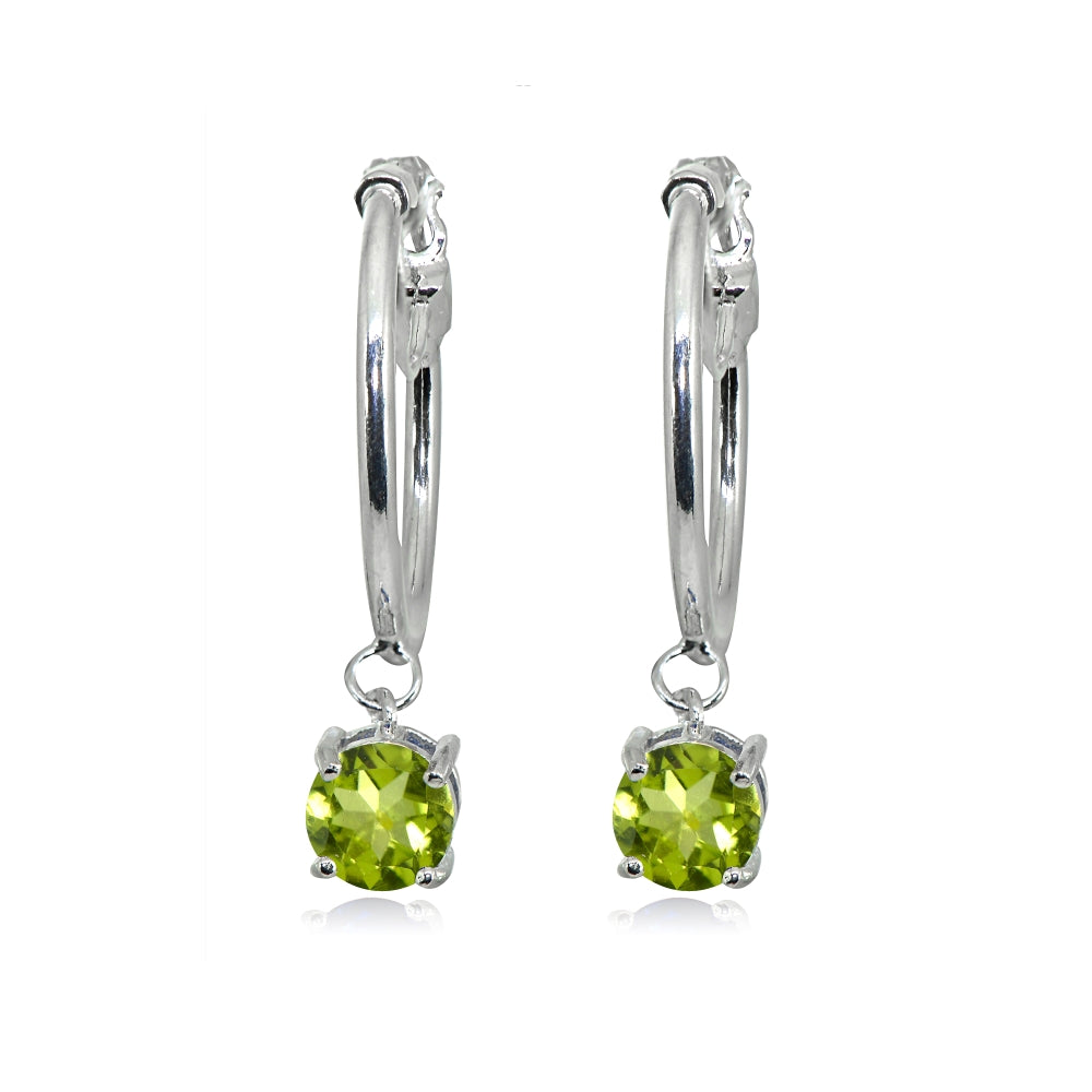 Sterling Silver Round Hoop Earrings with Dangling Peridot Gemstones-2