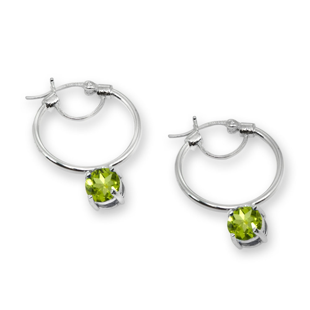 Sterling Silver Round Hoop Earrings with Dangling Peridot Gemstones-3