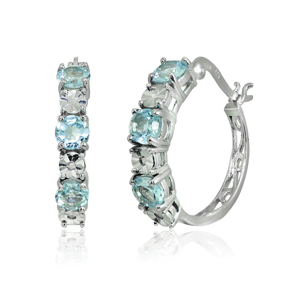 Sterling Silver Blue Topaz Round Filigree 20mm Hoop Earrings