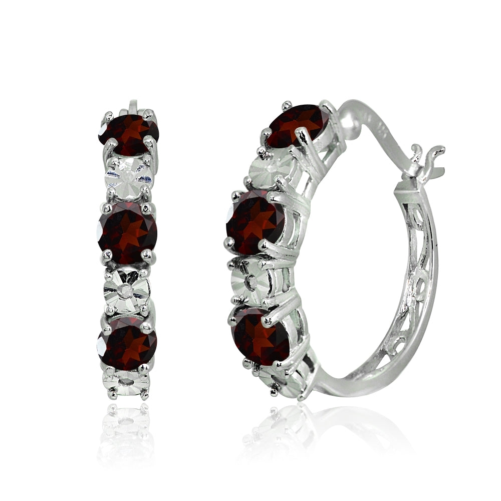 Sterling Silver Garnet Round Filigree 20mm Hoop Earrings