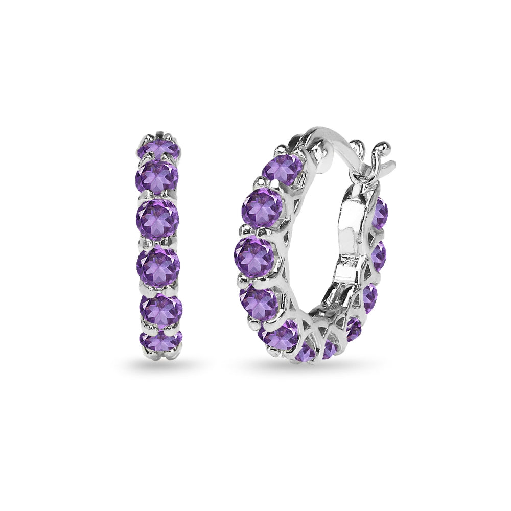 Sterling Silver African Amethyst Small Round Huggie 18mm Hoop Earrings