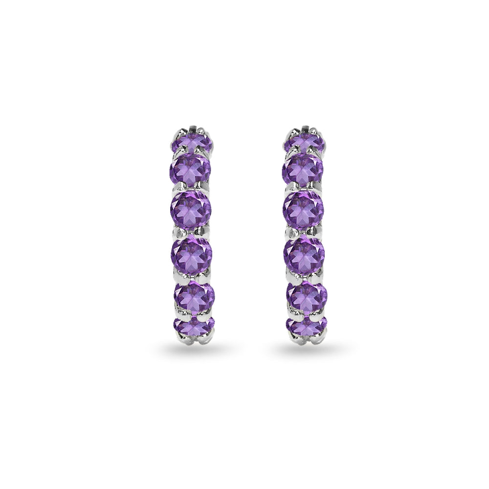 Sterling Silver African Amethyst Small Round Huggie 18mm Hoop Earrings-2