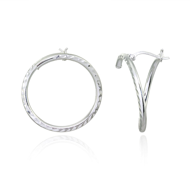 Sterling Silver 25mm Diamond-Cut Open Circle Frontal Hoop Stud Earrings