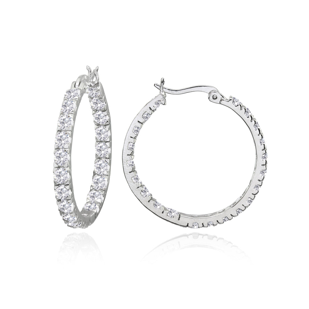 Sterling Silver 3mm Cubic Zirconia Inside Out Round Hoop Earrings