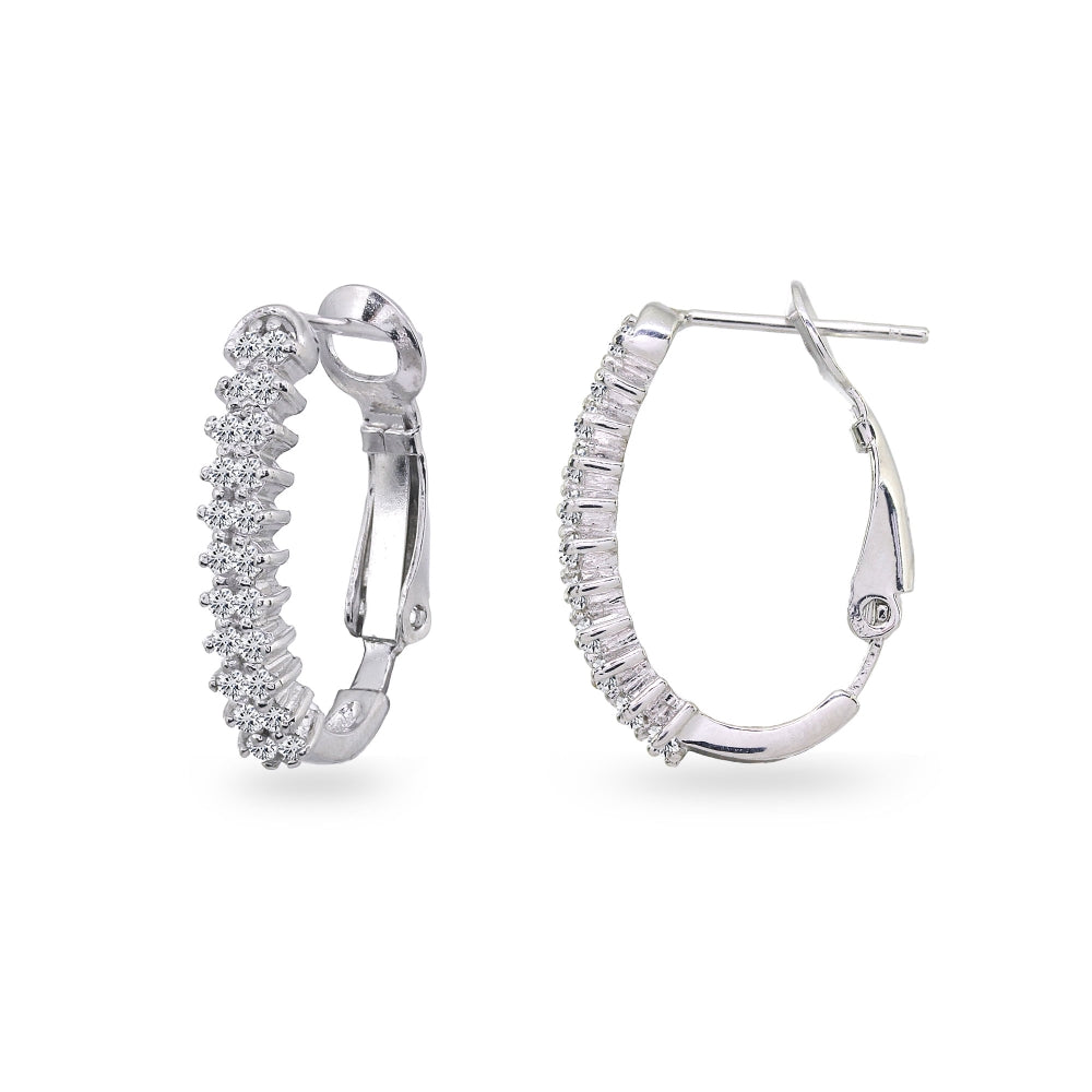 Sterling Silver Cubic Zirconia Round Clutchless Oval J-Hoop Earrings