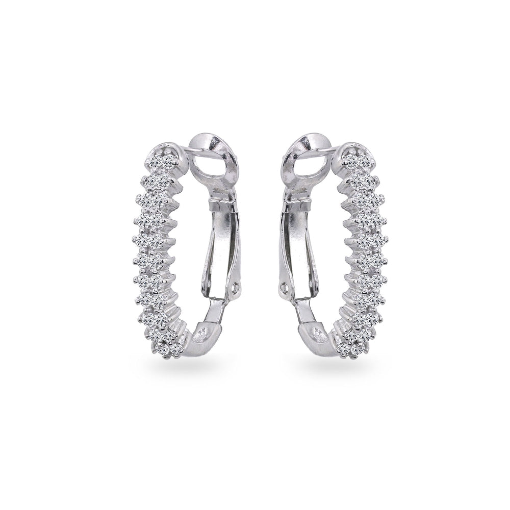 Sterling Silver Cubic Zirconia Round Clutchless Oval J-Hoop Earrings-2
