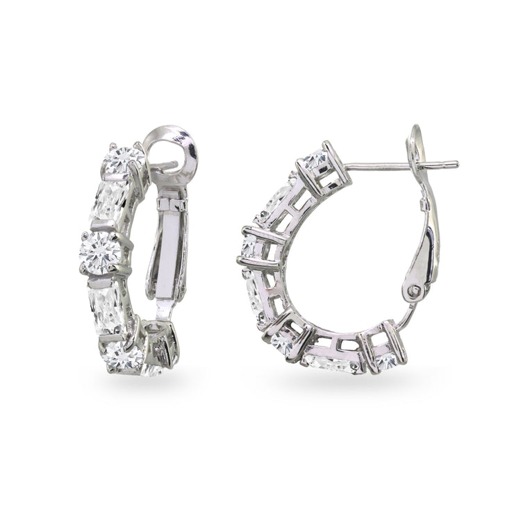 Sterling Silver Cubic Zirconia Round Rectangle Clutchless Small J-Hoop Earrings
