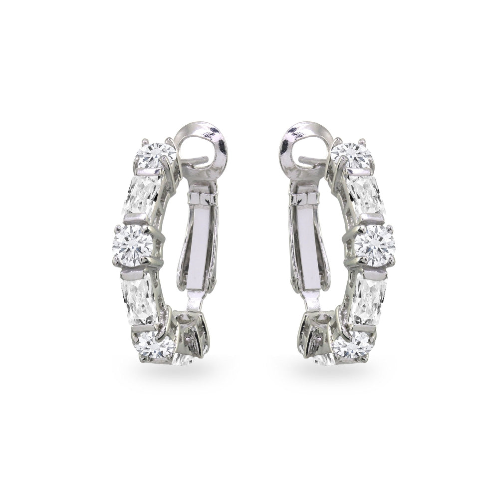 Sterling Silver Cubic Zirconia Round Rectangle Clutchless Small J-Hoop Earrings-2