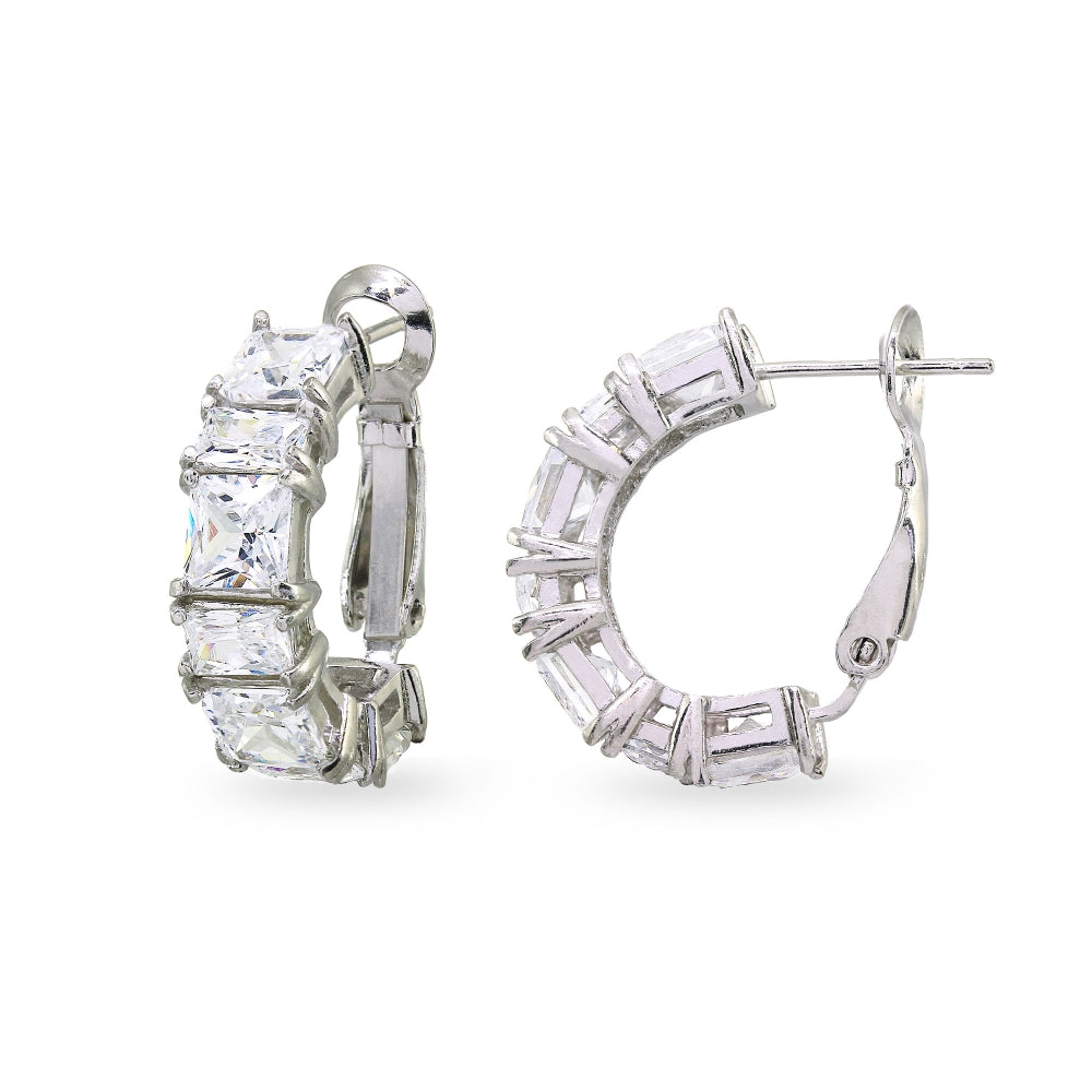 Sterling Silver Cubic Zirconia Square Rectangle Clutchless Small J-Hoop Earrings