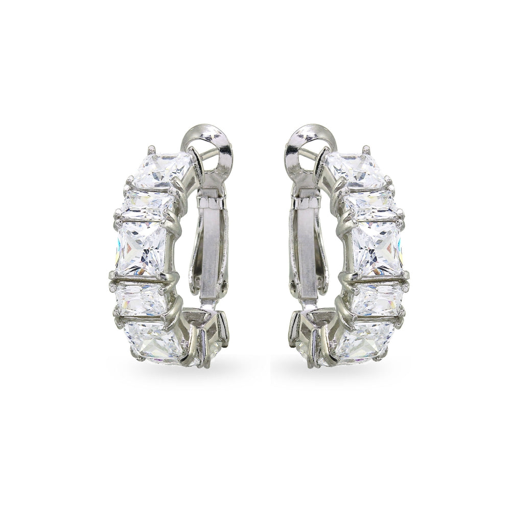 Sterling Silver Cubic Zirconia Square Rectangle Clutchless Small J-Hoop Earrings-2