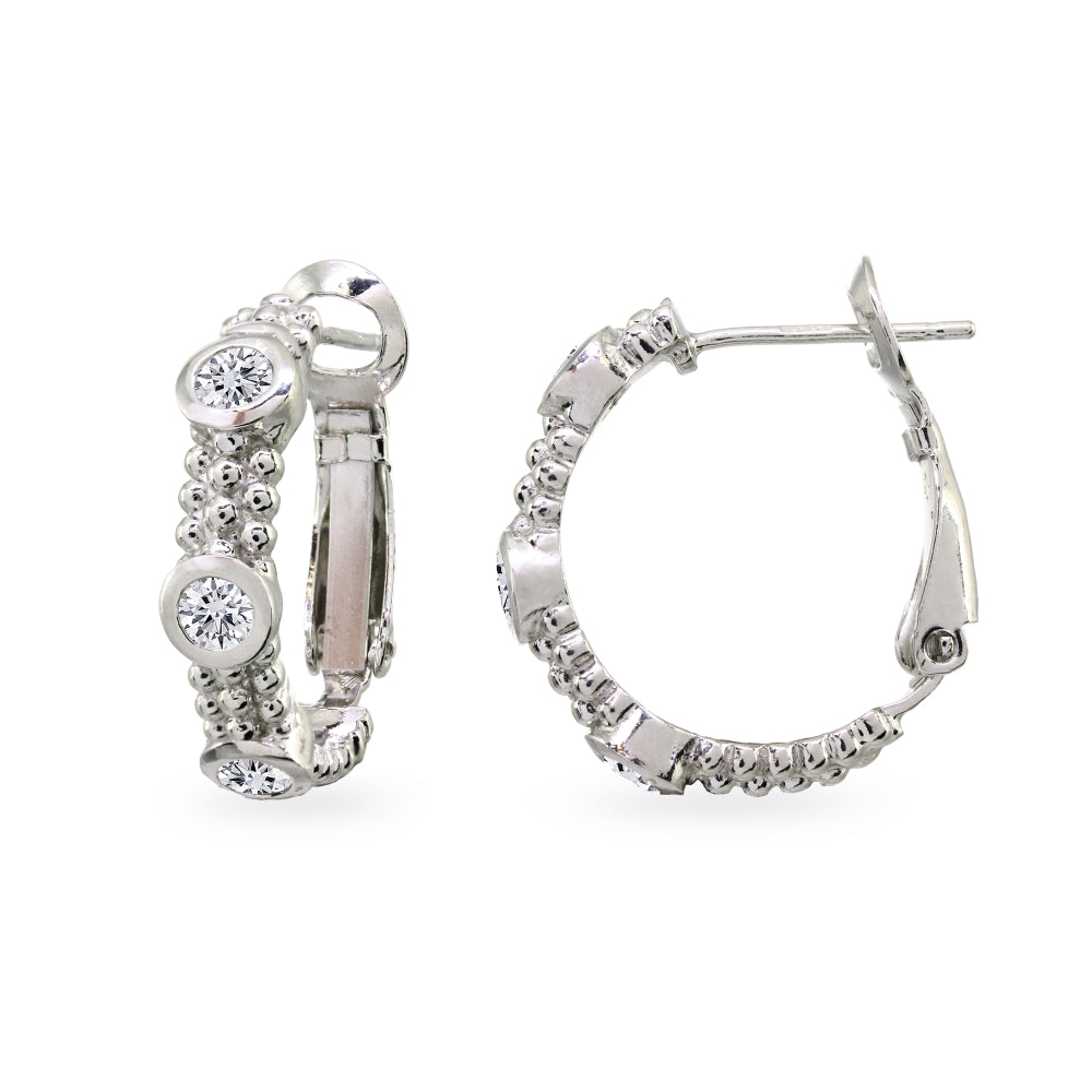 Sterling Silver Cubic Zirconia Round Bezel-Set Clutchless Hoop Earrings, 20mm